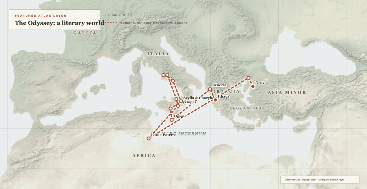 Static classical Mediterranean atlas with the Odyssey’s literary route